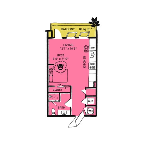a floor plan of a party house with a pink floor